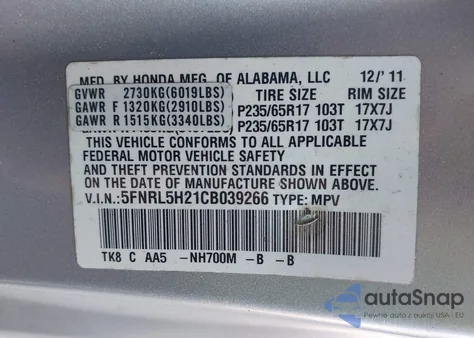2011 Honda Odyssey Lx z USA, uszkodzony, nr VIN 5FNRL5H21B039266